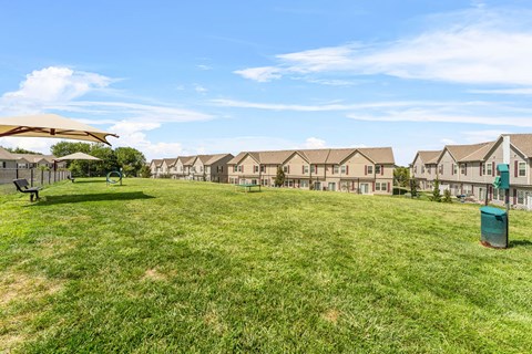 A grassy field with a row of houses in the background.