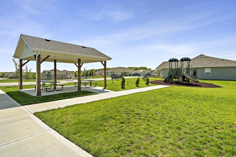 Townhomes In Blue Springs, MO - Chapman Ridge Townhomes - A Park With Concrete Walkways, Picnic Tables, Playground Area, Lush Green Lawn, And Clear Blue Sky.