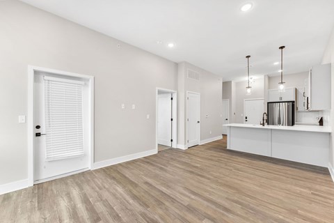 A spacious room with a white door and a wooden floor.