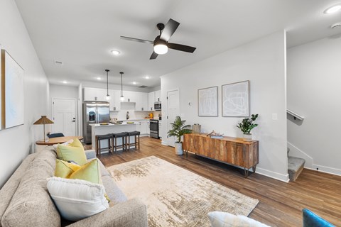 A living room with a grey couch and a rug.