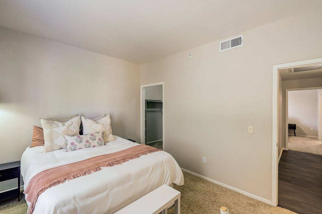 a bedroom with a bed and a closet