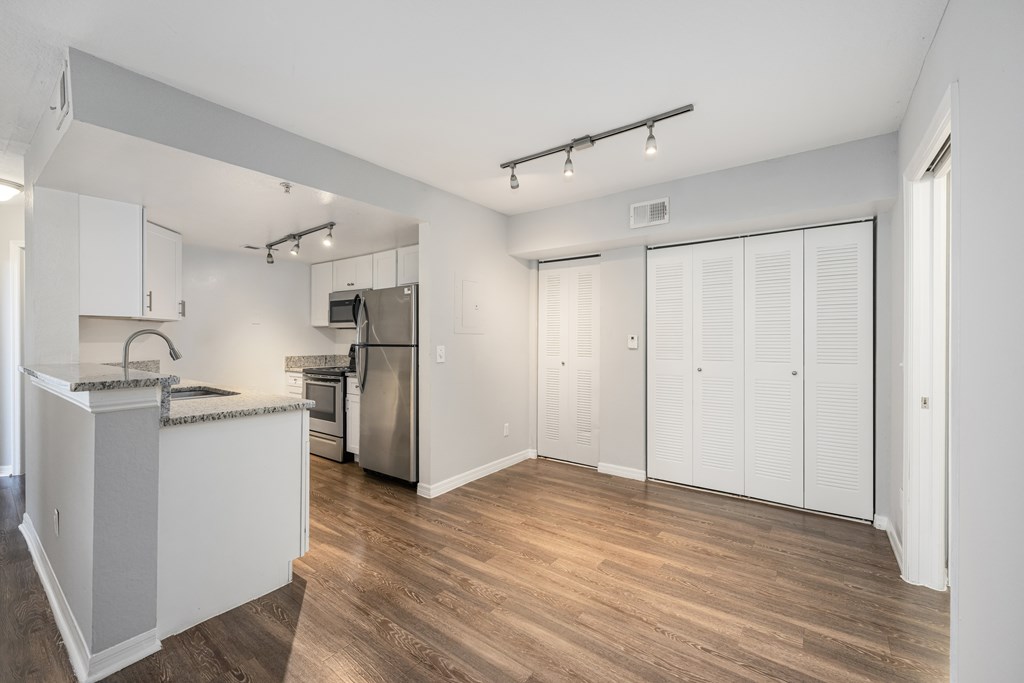 a renovated living room with a kitchen and a large sliding door closet