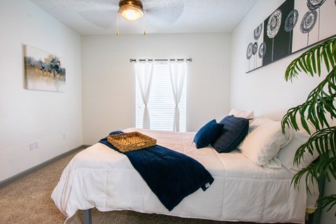 A bedroom with a bed, pillows, and a plant.