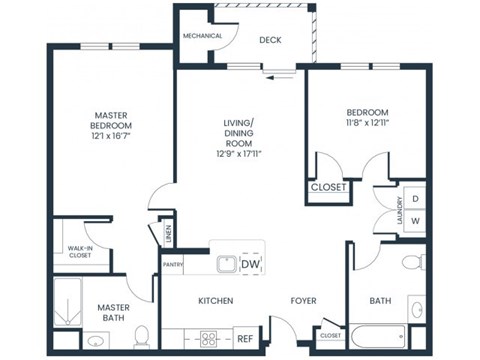 A black and white floor plan of a house with a master bedroom, living room, dining room, kitchen, foyer, bath, and closet.
