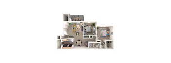 A 3D floor plan of a small apartment with a kitchen, living room, and bedroom.