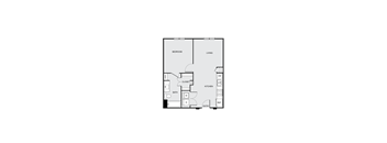 A floor plan of a small apartment with a bedroom, living room, kitchen, bathroom, and entry.