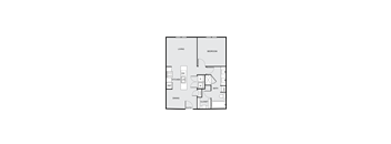 A floor plan of a house with a living room, dining room, kitchen, bathroom, and bedroom.