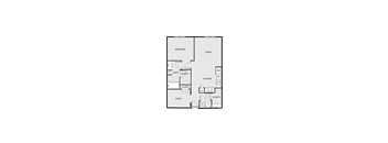 A floor plan of a house with a bedroom, living room, kitchen, bathroom, and study.