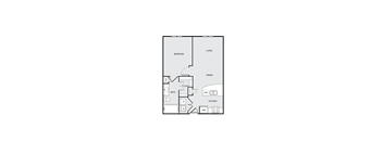 A floor plan of a living space showing a kitchen, dining area, bathroom, and bedroom.