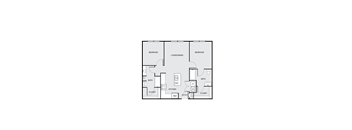 A floor plan of a house with two bedrooms, a living/dining area, a kitchen, a bathroom, and a closet.