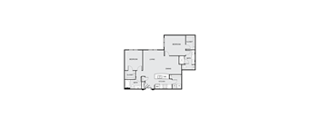 A floor plan of a house with two bedrooms, a living room, a dining area, a kitchen, a bathroom, and an entry.