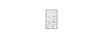 A floor plan of a small apartment with a living room, bedroom, kitchen, bathroom, and entry.