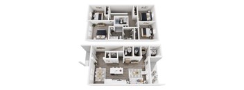 A top-down and bottom-up view of a modern, minimalist apartment layout.