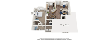 A floor plan of a two-bedroom apartment with a garage option.