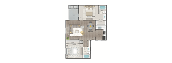 A floor plan of an apartment with a living room, kitchen, and two bedrooms.