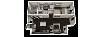 A floor plan of a house with a kitchen, living room, and two bedrooms.