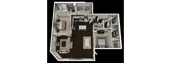A 3D layout of a house with a kitchen, living room, and bedrooms.