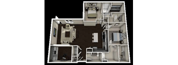 A 3D rendered image of a house layout.