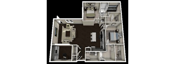 A floor plan of a house with a kitchen, living room, and two bedrooms.