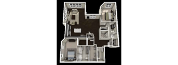 A 3D layout of a house with a kitchen, living room, and bedrooms.