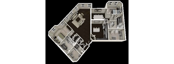 A 3D image of a house layout with various rooms and furniture.