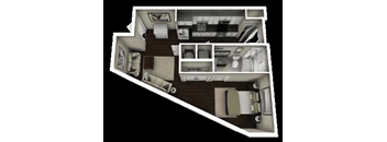 A floor plan of a house with a kitchen, living room, and two bedrooms.
