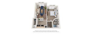 A floor plan of a small apartment with a living room, kitchen, and bedroom.