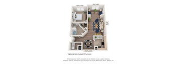 A floor plan of a house with a living room, dining room, kitchen, and two bathrooms.