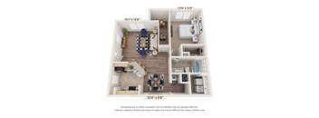A 3D floor plan of a small apartment with a living room, kitchen, and bedroom.