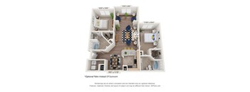 A 3D floor plan of a house with a living room, kitchen, dining room, and two bedrooms.