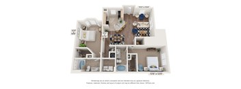 A 3D floor plan of a house with a living room, dining room, kitchen, and two bedrooms.