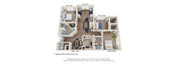 A 3D floor plan of a house with a living room, kitchen, dining room, and two bedrooms.
