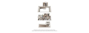 A 3D floor plan of a house with a kitchen, living room, and bedrooms.