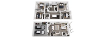 A top and bottom floor plan of a house with a kitchen, living room, bedrooms, and bathrooms.