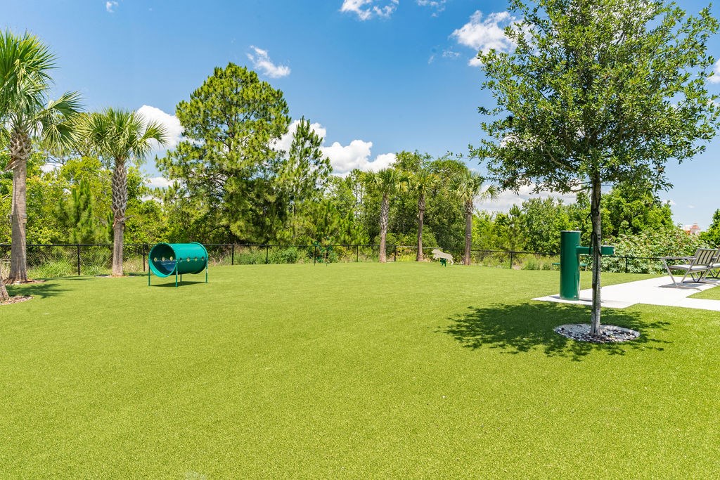 Dog park at westerly apartments with trees, grass, and agility equipment