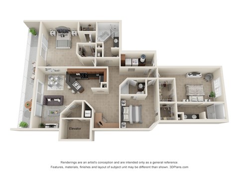 Dorado Two Bedroom Two Bath 3D Floor Plan Drawing
