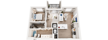 A floor plan of a small apartment with a kitchen, living room, and bathroom.