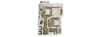 A floor plan of a small apartment with a living room, kitchen, and bathroom.
