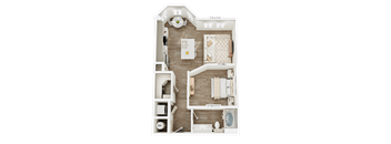 A floor plan of a small apartment with a kitchen, living room, and bathroom.