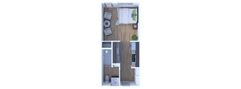 A top-down view of a small, neatly organized apartment.