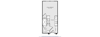A floor plan of a small apartment with a living room, kitchen, bathroom, and entry.