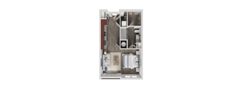 A top-down view of a small, neatly organized apartment with a kitchen, bathroom, and living room.