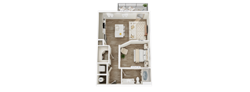 A top-down view of a small apartment layout with a living area, kitchen, and bathroom.