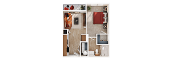 A top-down view of a small, neatly organized apartment with a living area, kitchen, and bathroom.
