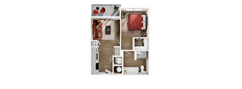 A top-down view of a modern apartment layout with a living room, kitchen, and bathroom.