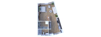 A top down view of a small apartment with a living room, kitchen, and bathroom.