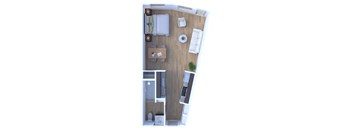 A top down view of a small apartment with a bedroom, living room, and kitchen.