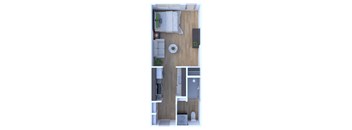 A top down view of a small apartment with a kitchen, living room, and bathroom.