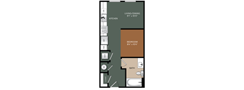 A floor plan of a small apartment with a living/dining area, kitchen, bedroom, bathroom, and closet.