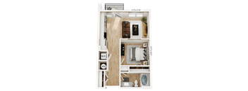 A floor plan of a small apartment with a living room, kitchen, and bathroom.